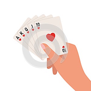 Hand holding playing cards. A royal straight flush in hearts. Vector illustration