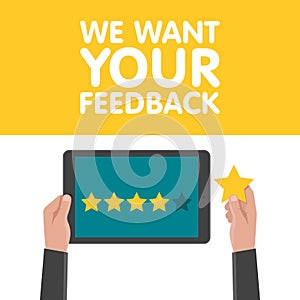 Hand holding and pointing to a tablet with five star on the screen. Rating and review concept. Vector illustration