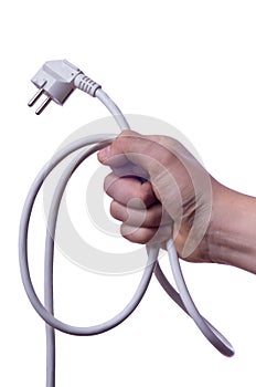 Hand holding power supply cable in loops