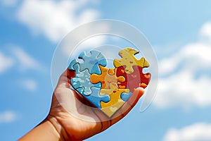 A hand holding a puzzle heart with blue, red, and yellow pieces