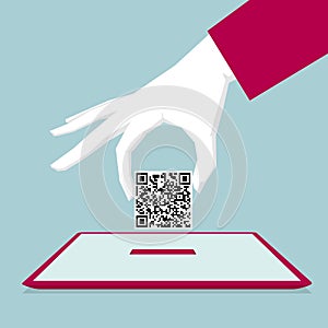 Hand holding QR code icon,Put in the tablet.