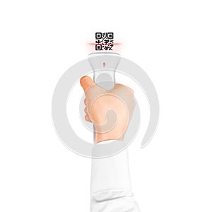 Hand holding qr code scanner isolated. Barcode scan technology.