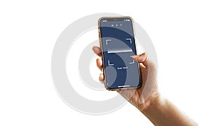 Hand holding QR code scanner from smartphone mobile app isolated on white background