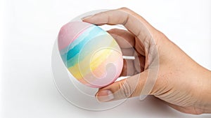 Hand holding a rainbow Easter egg. Use for Easter themes, spring celebrations