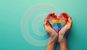 A hand holding a rainbow heart by AI generated image