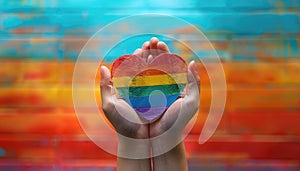A hand holding a rainbow heart by AI generated image