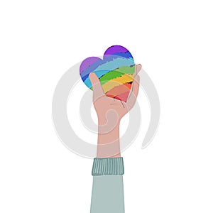Hand holding rainbow heart. Equality, togetherness, LGBTQ rights concept. Flat illustration.