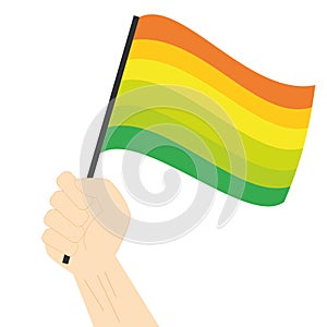 Hand holding and raising Hermaphrodite pride flag isolated on white background photo