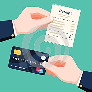 Hand holding receipt and hand holding credit card. Cashless payment concept. Flat design vector isolated illustration