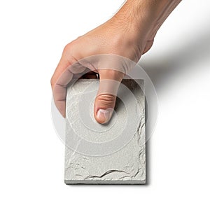 A hand is holding a rectangular light gray tile against a white background