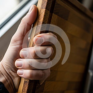A hand holding a rectangular wooden