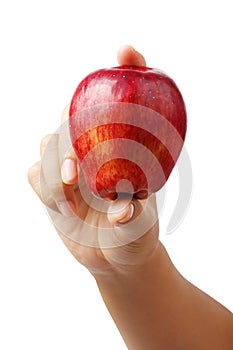 Hand holding red apple isolated clipping path.