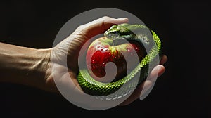 Hand holding a red apple with a snake wrapped around it