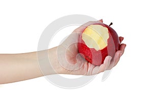 Hand holding an red bitten apple isolated