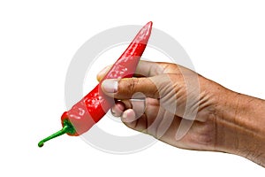 The hand holding red chili on isolates background