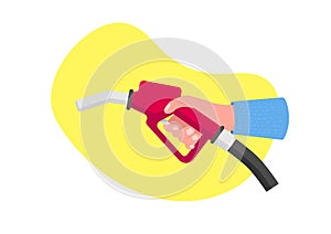 Hand holding a red fuel pump. Holding fuel nozzle. Gas for automobile