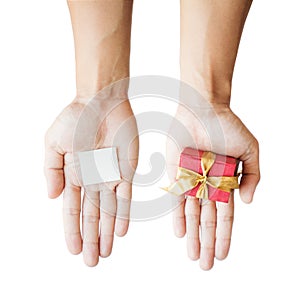 Hand holding red gift box, and blank paper note, on white background