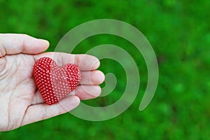 Hand holding red heart on green