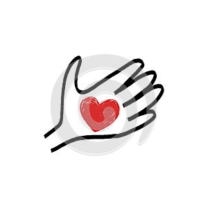 Hand holding a red heart illustration on white background