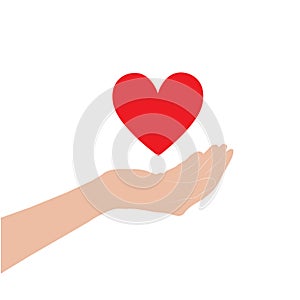 Hand holding a red heart on a white background with copy space