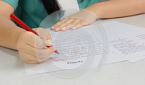 Hand holding red pen over proofreading paper