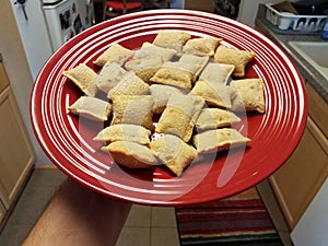 Hand holding red plate of frozen pizza rolls