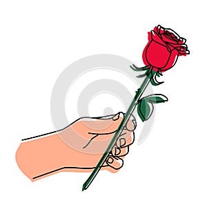 Hand holding a red rose and giving it