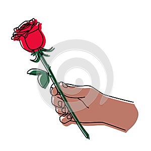 Hand holding a red rose and giving it