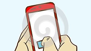 Cartoon hand holding a red smartphone. A finger is poking on the screen