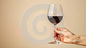 Hand holding red wine glass on pastel background with ample space for text placement