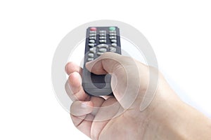 A hand holding a remote control