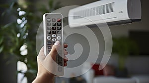 Hand holding the remote control aimed at air conditioner. Generative AI