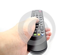 Hand holding a remote control TV isolated on white background