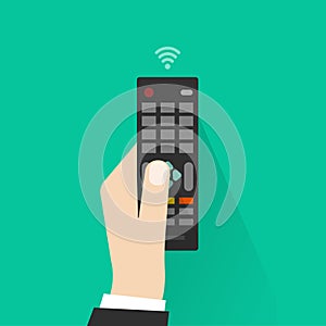 Hand holding remote control from TV vector illustration