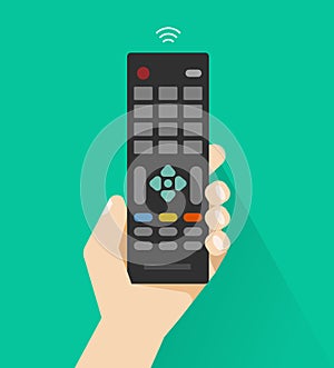 Hand holding remote control from TV vector illustration, flat cartoon design man hand with remote control device and