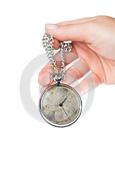 Hand holding a retro styled pocket chain watch