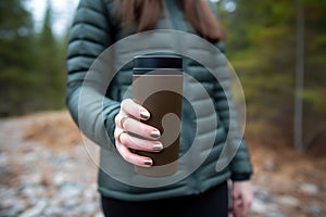 hand holding a reusable travel mug with coffee