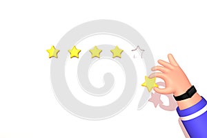 Hand holding review star. Five stars rating. Online feedback concept. Trendy cartoon 3d rendering illustration