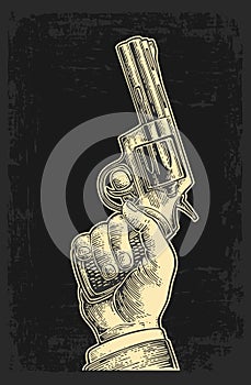 Hand holding revolver for fired to starting. Vector engraving vintage illustrations.