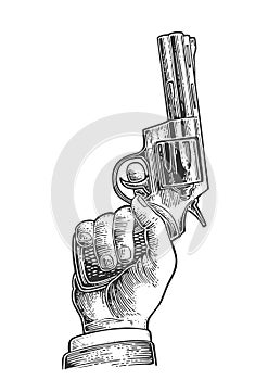 Hand holding revolver for fired to starting. Vector engraving vintage illustrations.