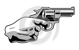 Hand holding with revolver gun isolated on white background