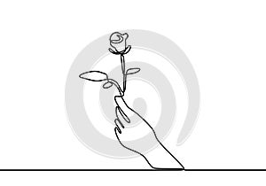 Hand holding rose flower. Continuous one line drawing, minimalism vector illustration simplicity style