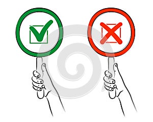 Hand holding round frame or card on handle. Mark X and Mark V. Red Cross sign. Green Tick sign. Yes and No icons for website