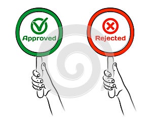 Hand holding round frame or card on handle. Red Rejected sign. Green Approved sign. Approve icon, Reject icon