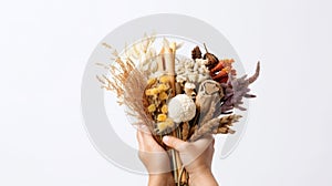 a hand holding a rustic bouquet of dried flowers and plants against a white background