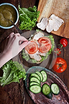 Hand holding sandwich with turkey meat, fresh tomatoes, cucumbers and green salad, nobody