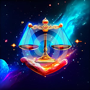 Hand holding scales of justice. Vector illustration in cartoon style on dark background generative AI