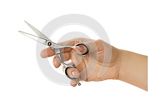 Hand holding scissors for cutting hair isolated on white