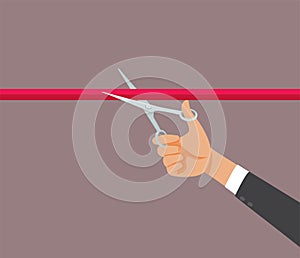 Hand Holding Scissors Cutting Red Ribbon Vector Cartoon Illustration
