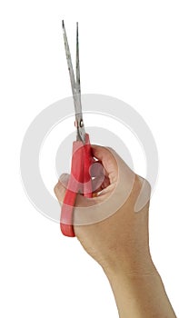 Hand is holding scissors isolated on a white background